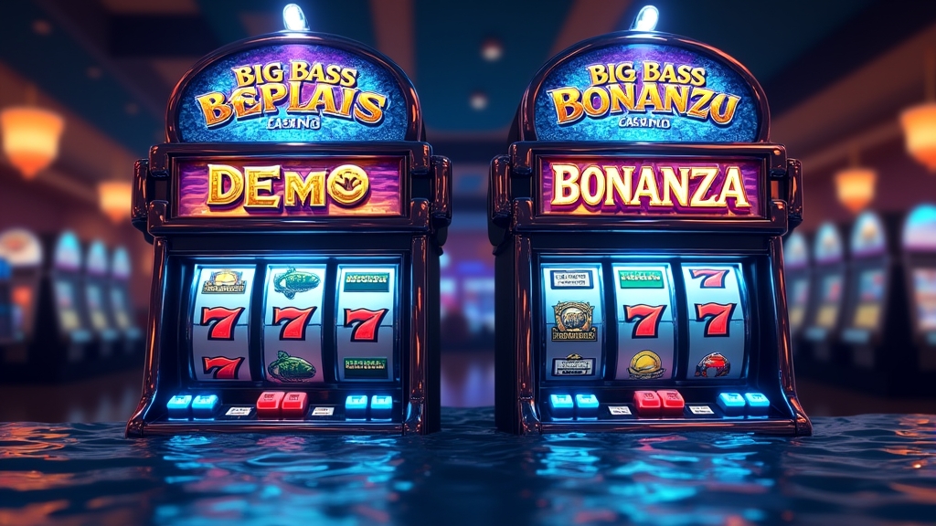 Two similar fishing slot demos compared side by side in a dark casino setting
